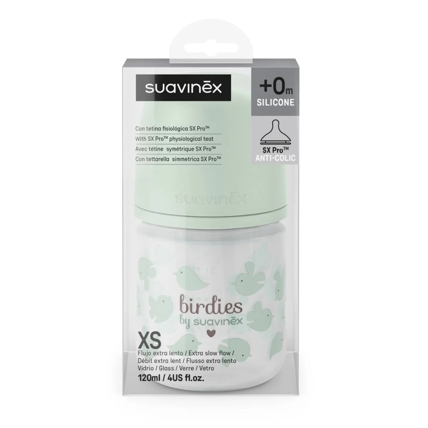 Suavinex Biberon Verre Tétine Sxpro XS Birdies Vert 120 ml