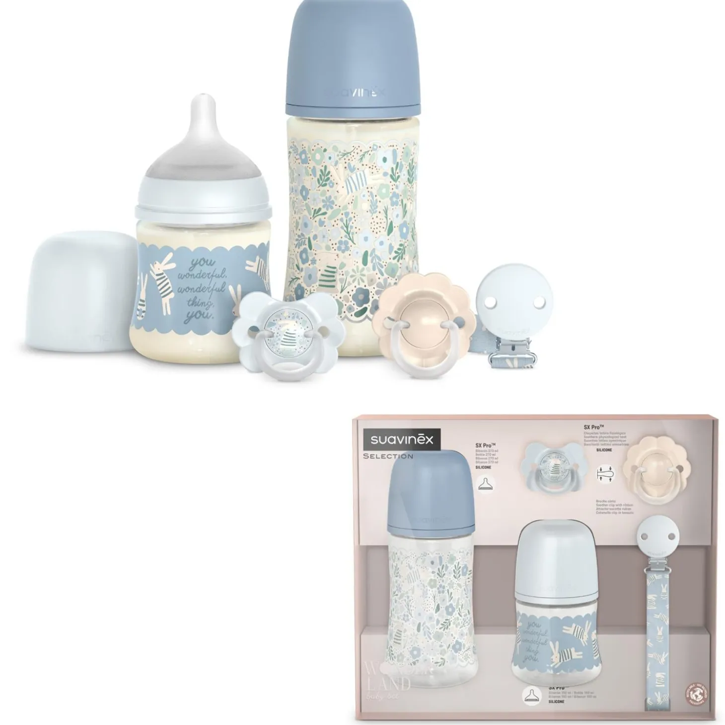 Suavinex Coffret biberon Welcome Baby Set Wonderland Bleu