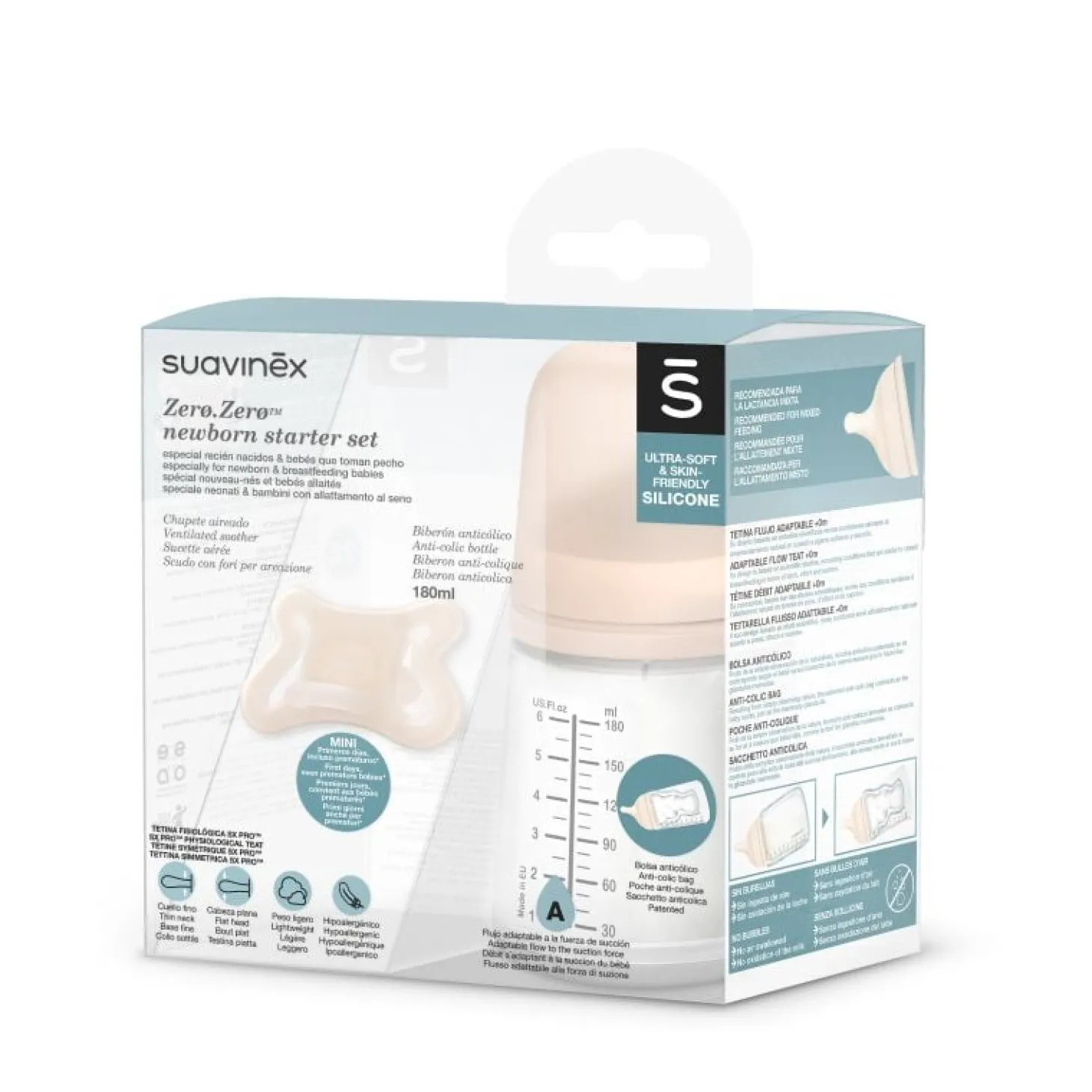 Suavinex Set biberon Zero.Zero avec sucette 180 ml