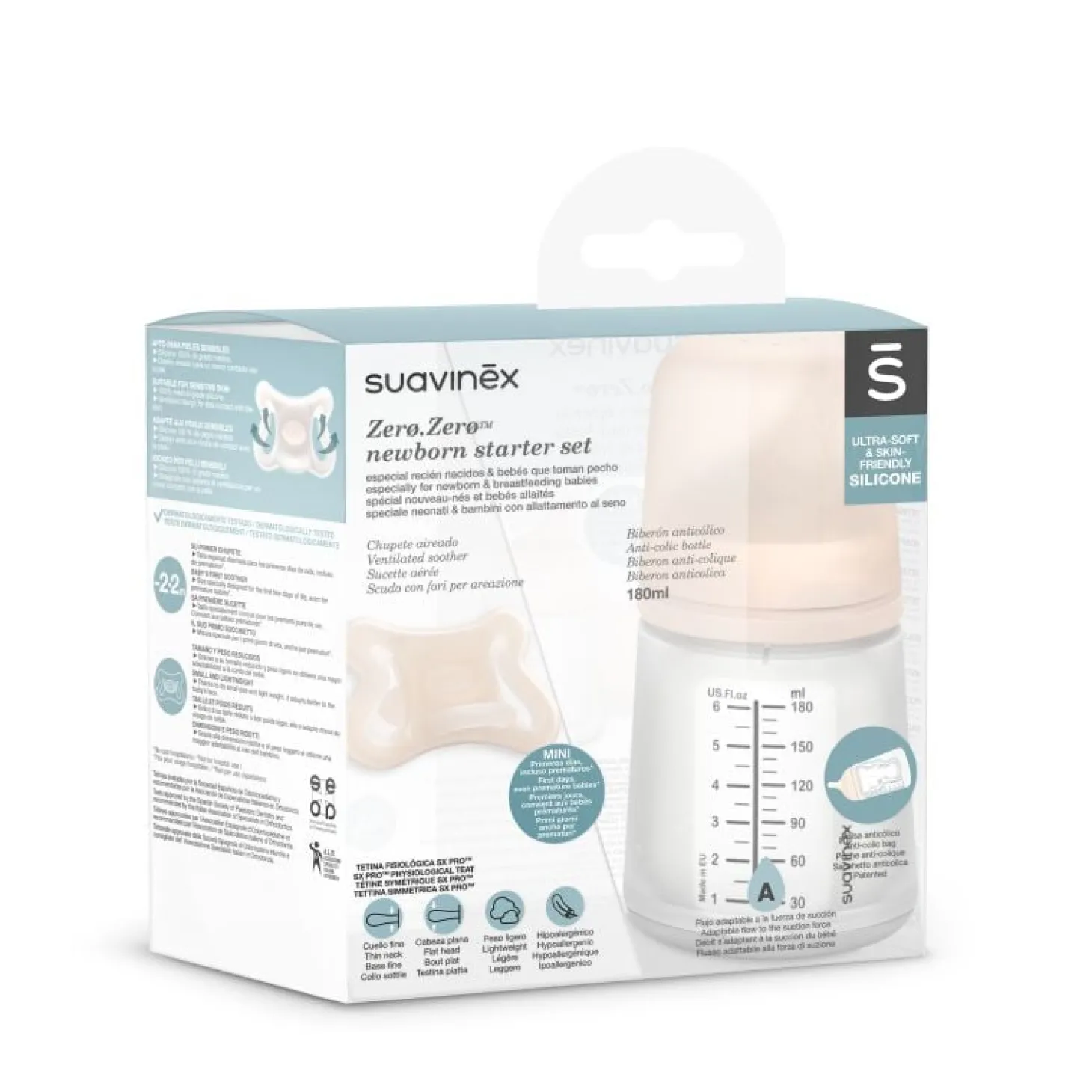 Suavinex Set biberon Zero.Zero avec sucette 180 ml