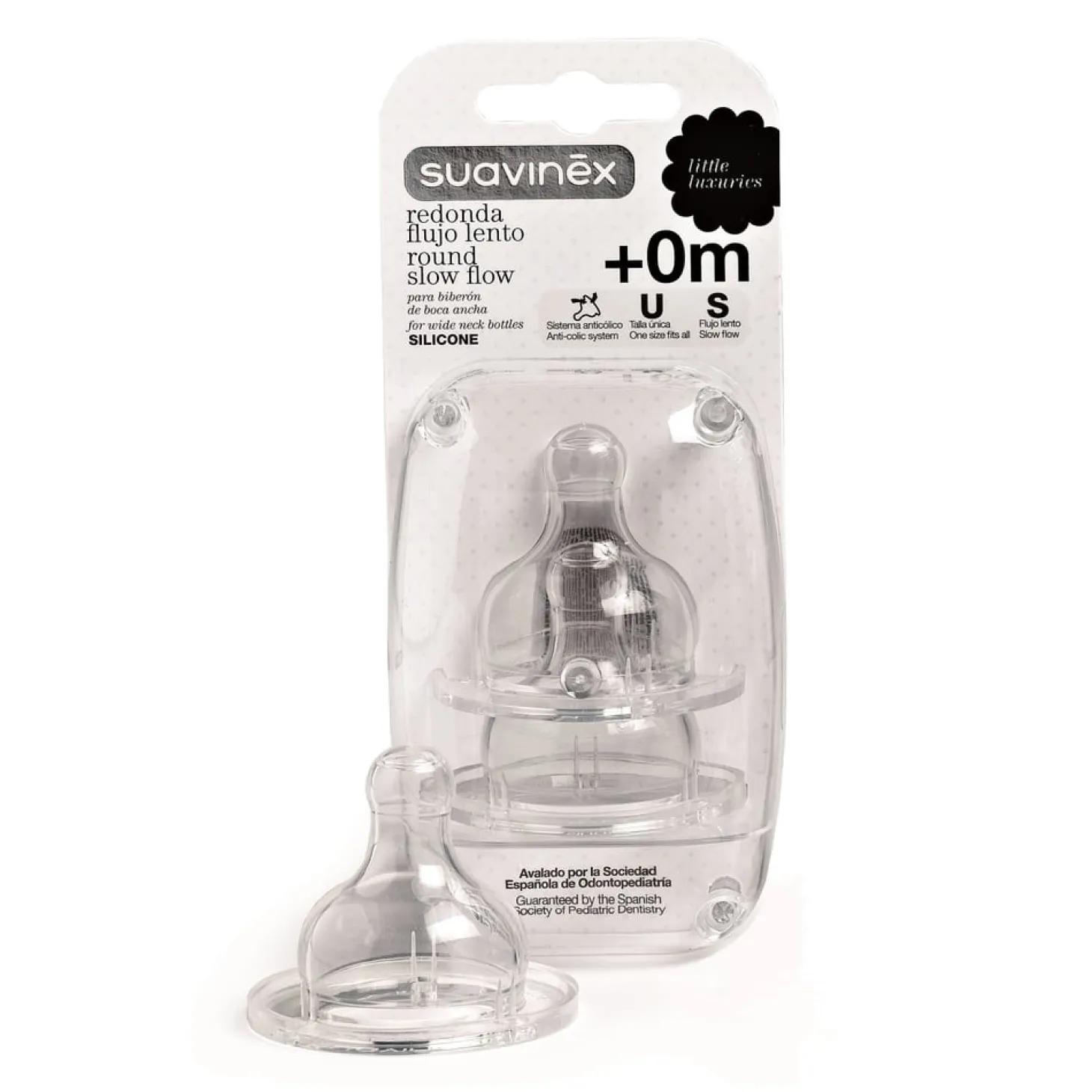 Suavinex 2 tétines bout rond silicone débit lent 0+