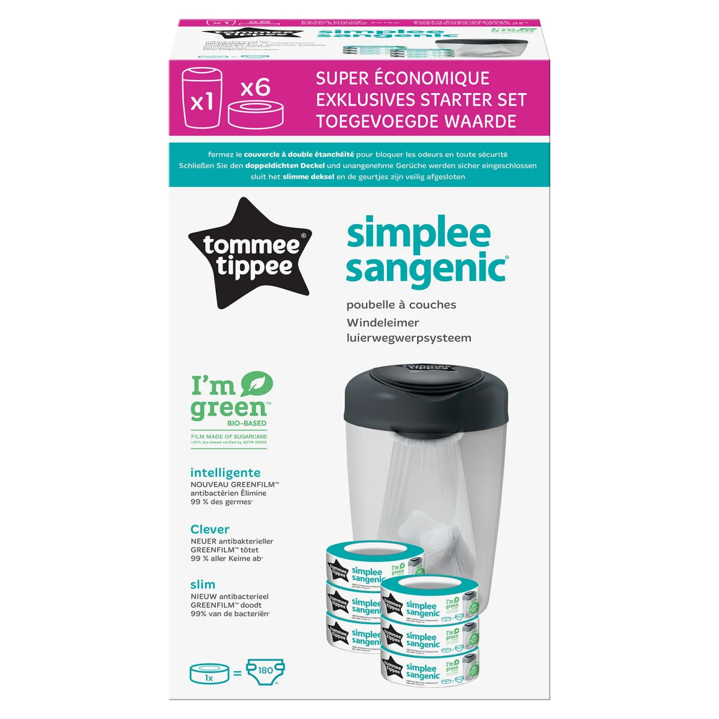 Tommee Tippee Poubelle à couches Starter Pack Simplee + 6 recharges Blanc
