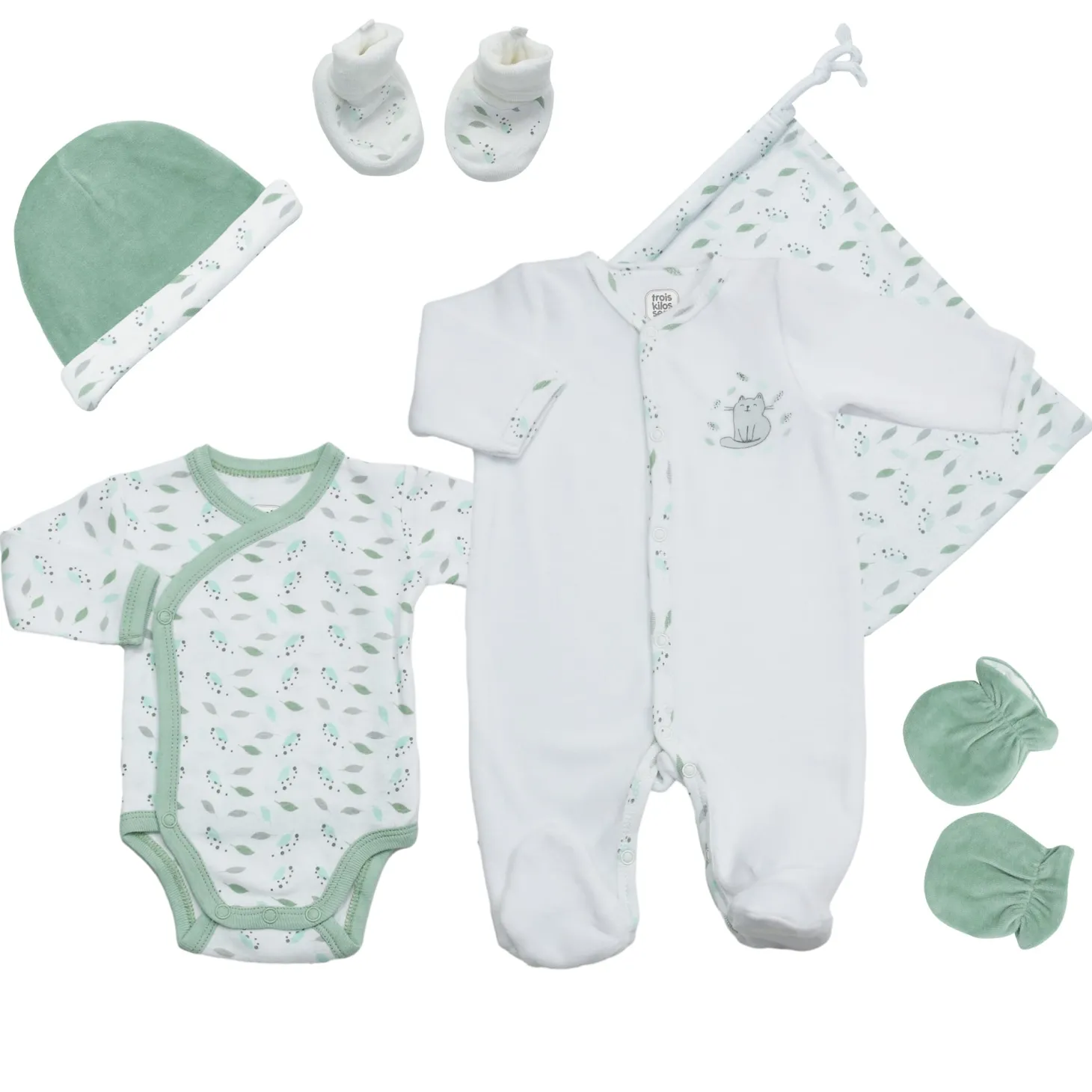 Trois Kilos Sept Kit Naissance Chat - 6 Pcs 0M Blanc / Vert Sauge 0 mois