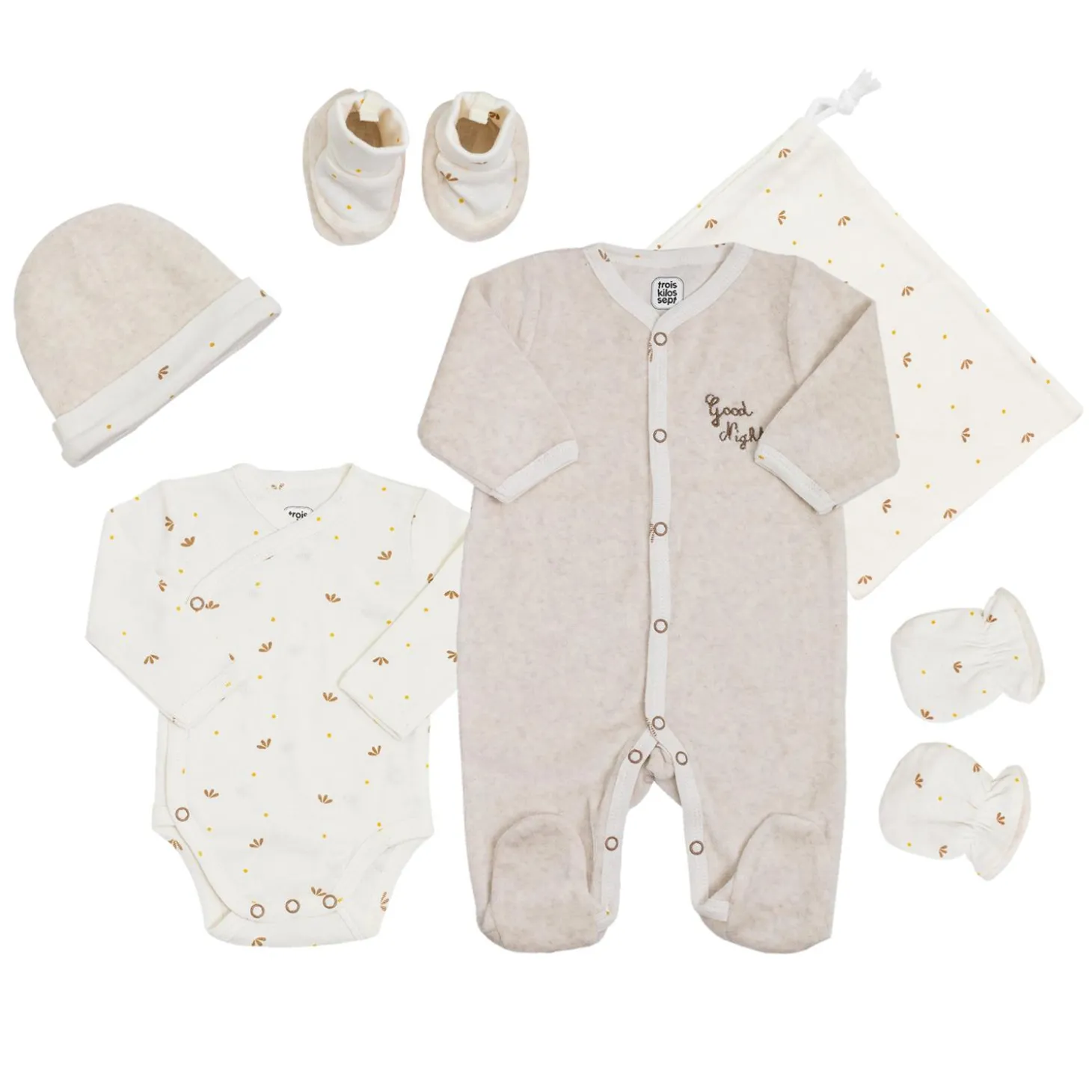 Trois Kilos Sept Kit naissance 6 pcs Good night Ecru