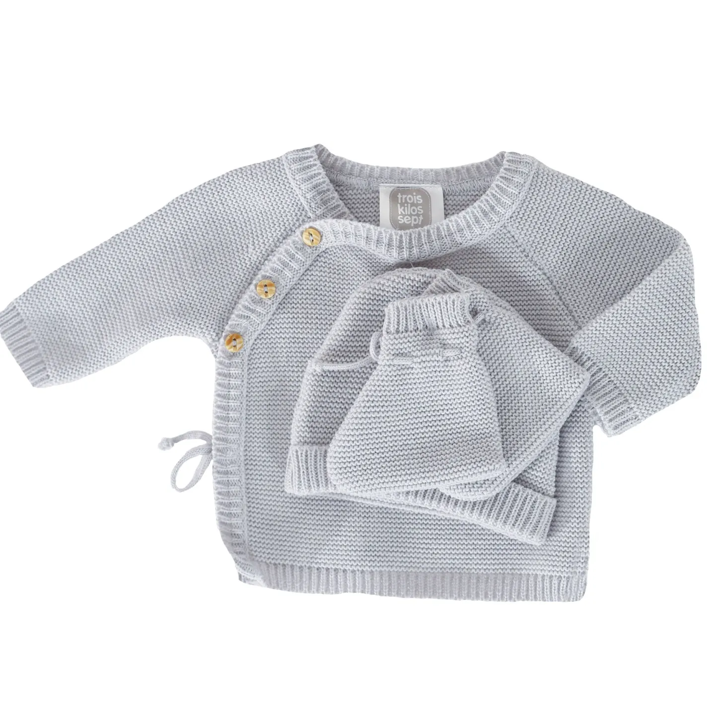 Trois Kilos Sept Lot Brassière Chaussons Bonnet Gris Naissance-1 mois