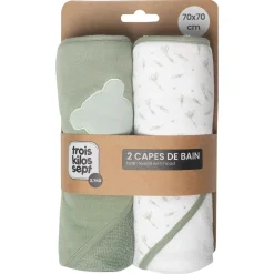 Trois Kilos Sept                    Lot 2 Capes de Bain Ours + Aop    Vert Olive            70x70 cm