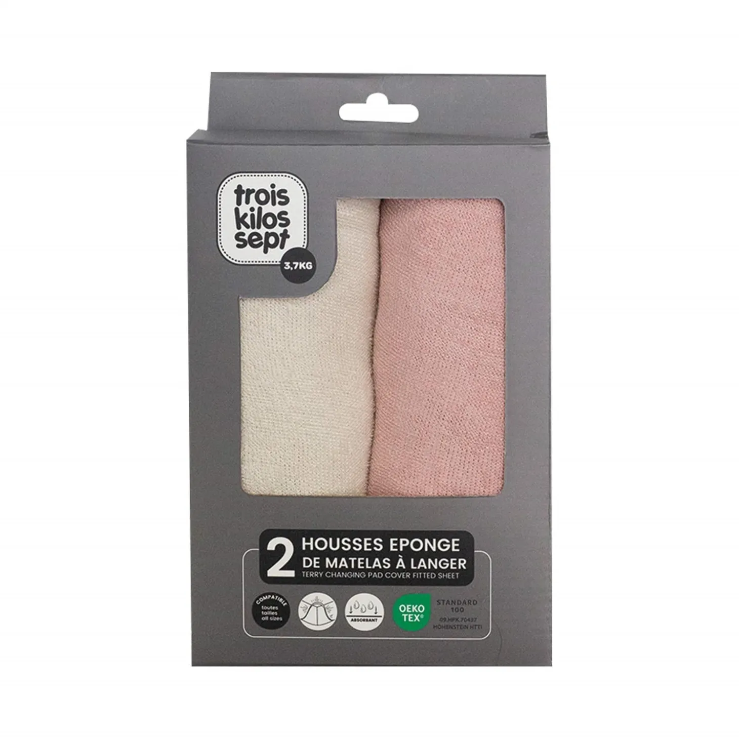Trois Kilos Sept Lot de 2 Housses matelas à langer Sable/Vieux Rose 50x70 cm