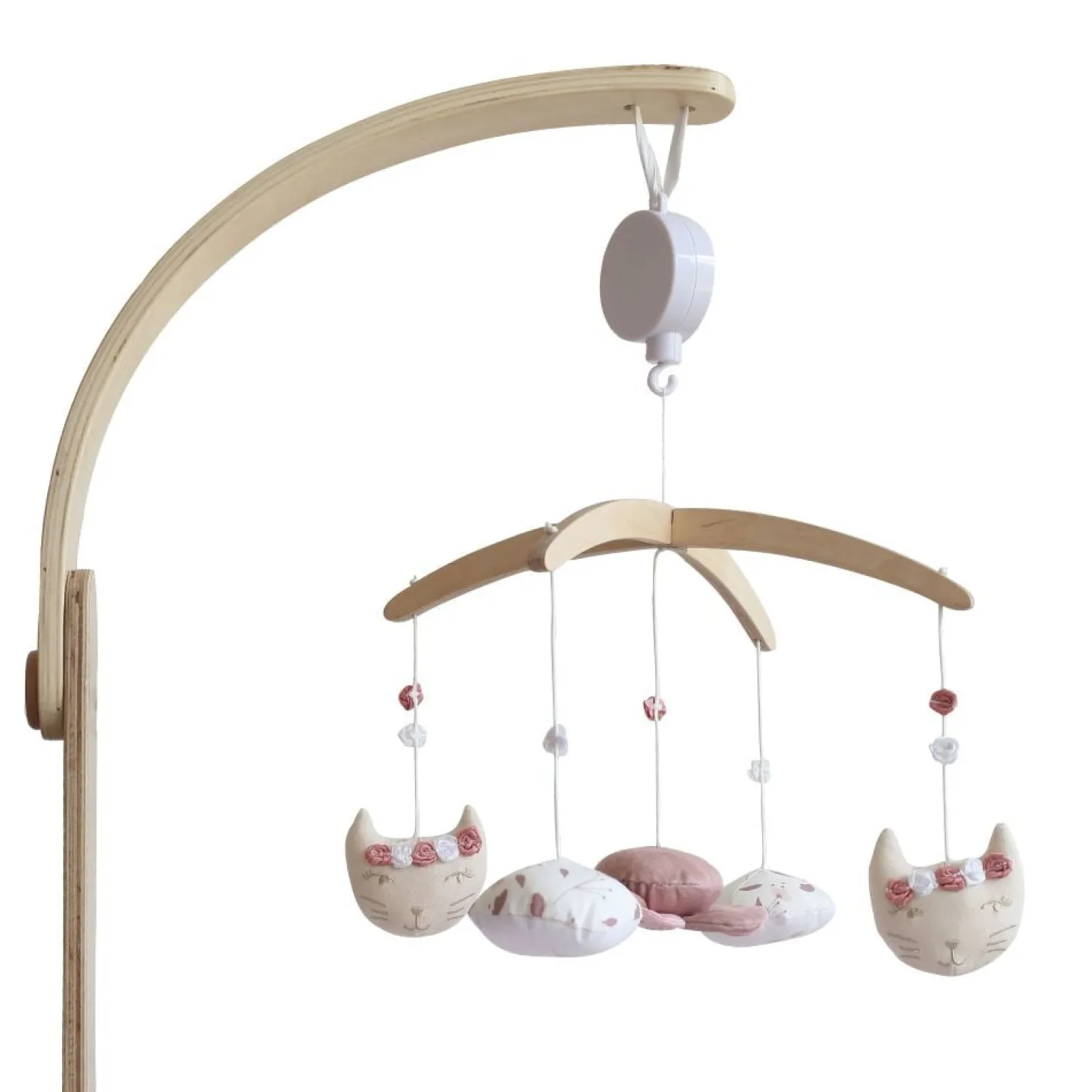 Trois Kilos Sept Mobile musical en bois rose et lili Blanc, Rose Poudré, Lin