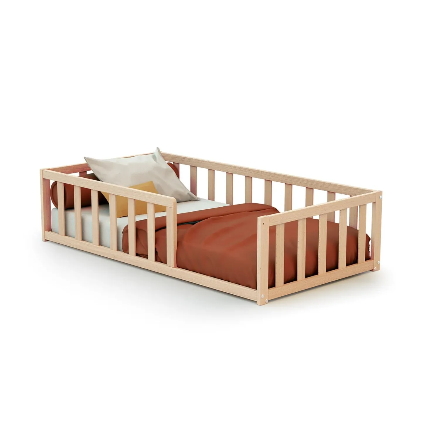 Webaby Lit enfant au sol en bois Brut Hêtre Brut 70x140 cm
