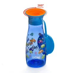 Wowcup Gourde 360 ° enfant avec couvercle Voiture Bleu 350 ml