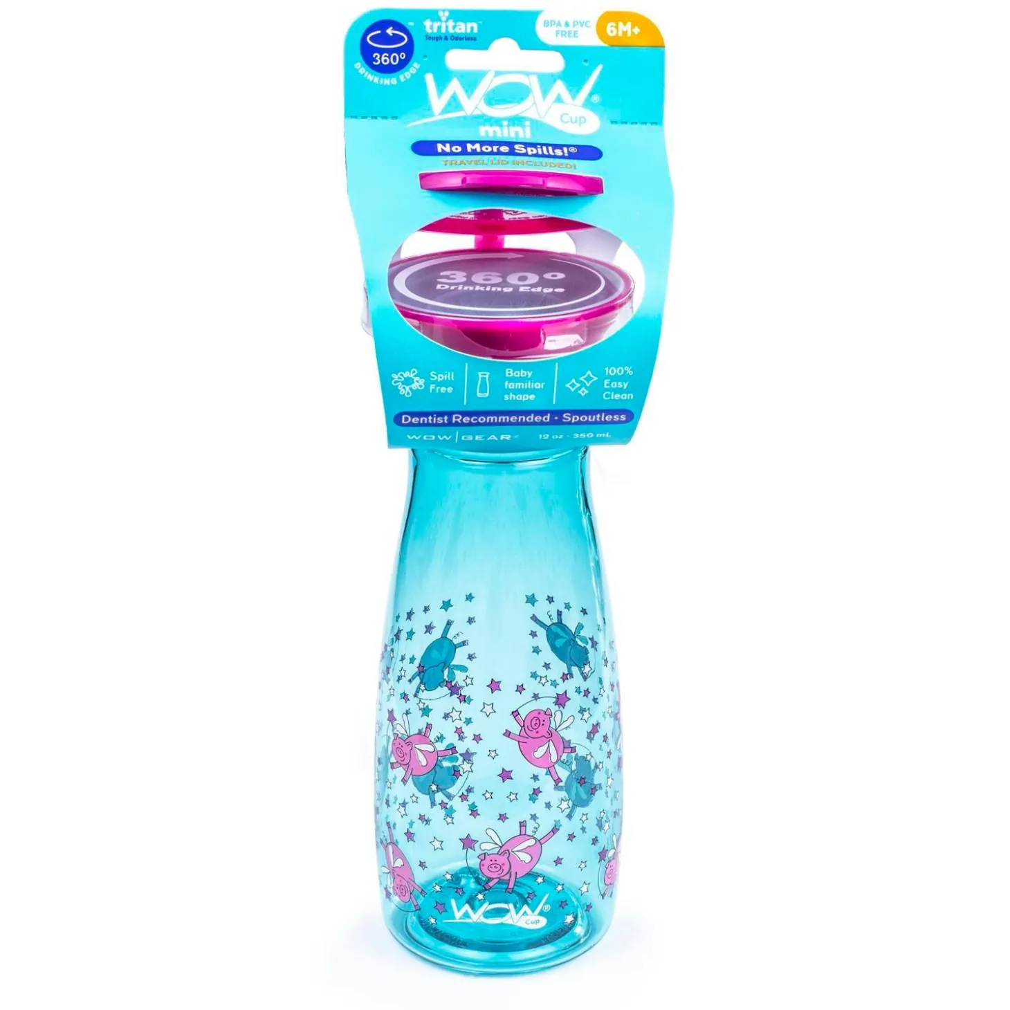 Wowcup Gourde 360 ° enfant avec couvercle Cochons 350 ml